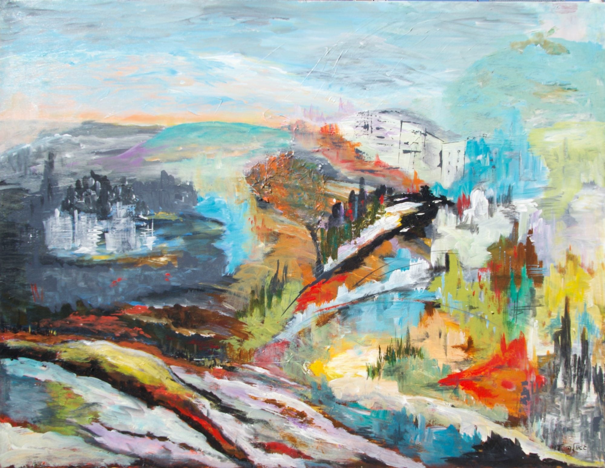 An abstracted landscape: a pale sky over a grey-blue lake with white buildings, an orange tree and bands of colourful hills in white, red and blue.