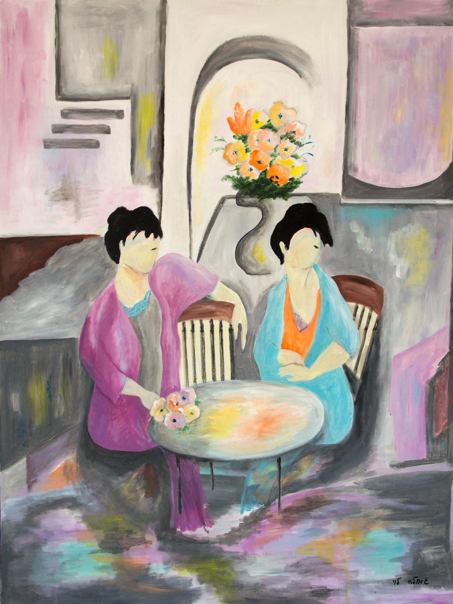 Two women in purple and blue sit at a round table with flowers, before an arched niche holding a vase of orange blossoms, in soft lilac and grey.