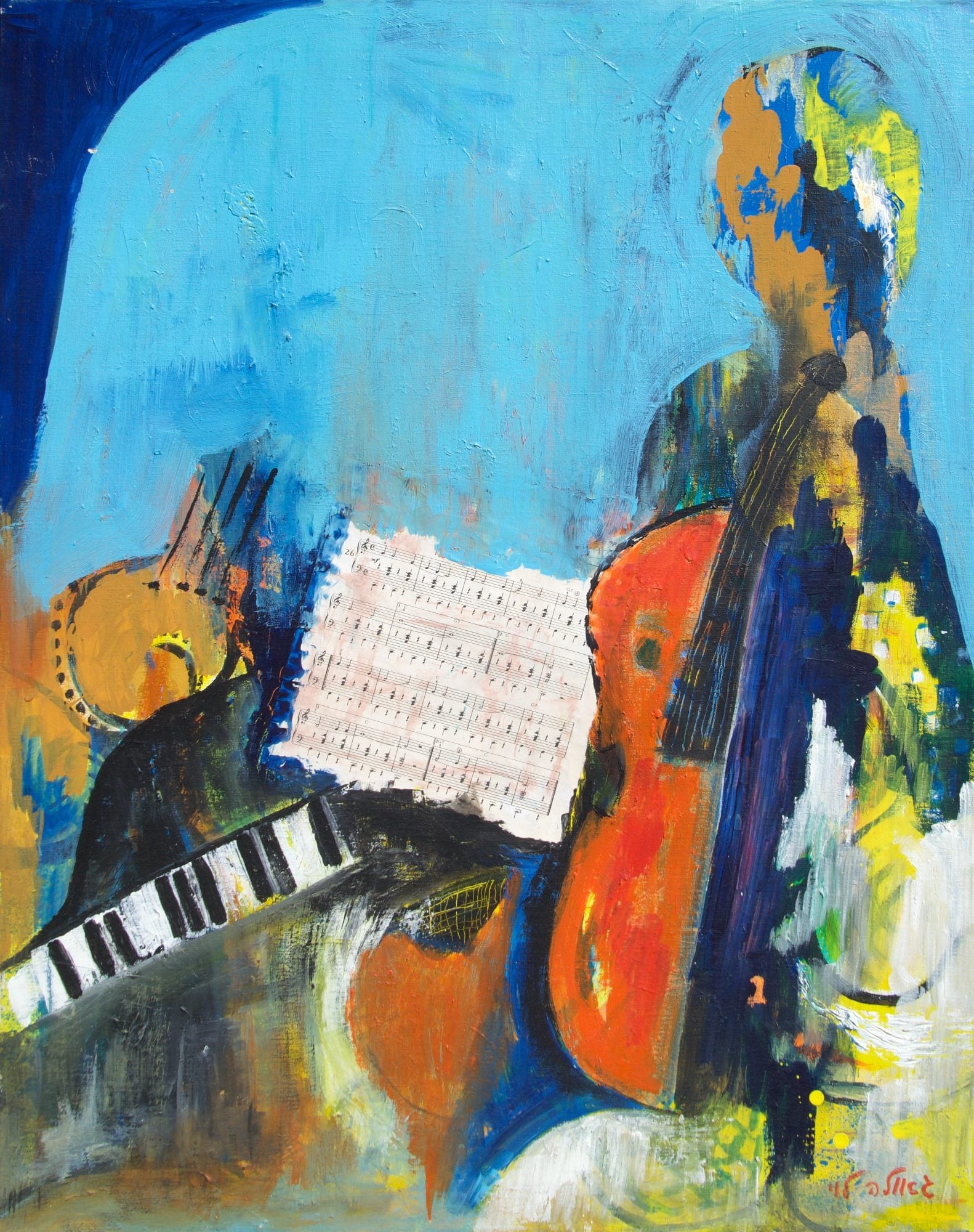 An orange cello, a lute, a piano keyboard and a sheet of music against a pale blue background, with a dark blue silhouette rising behind.