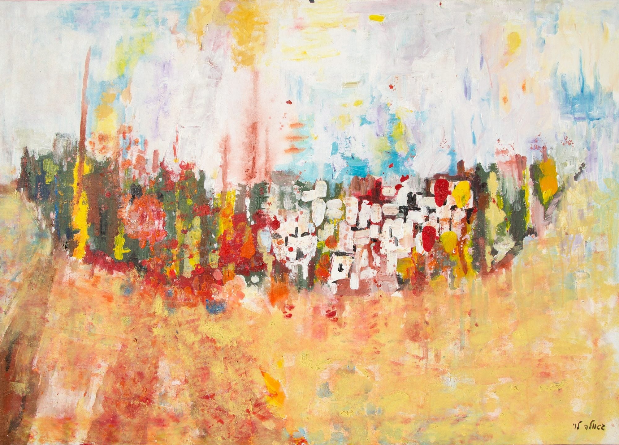 A band of tiny houses in red, green and white floats across the canvas between a pale, dripping sky and a warm field of ochre and red.