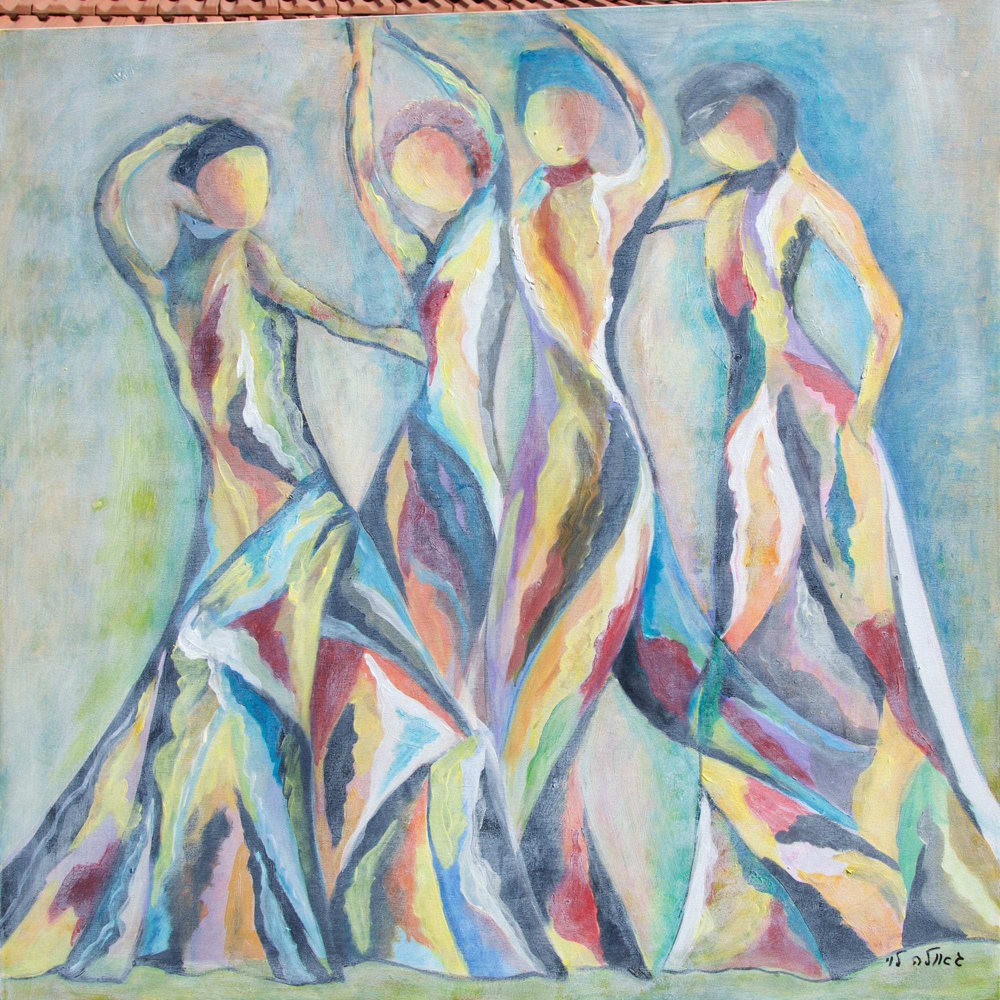 Four tall dancing women in patchwork gowns of blue, yellow, pink and grey, arms raised, against a soft blue-grey background.