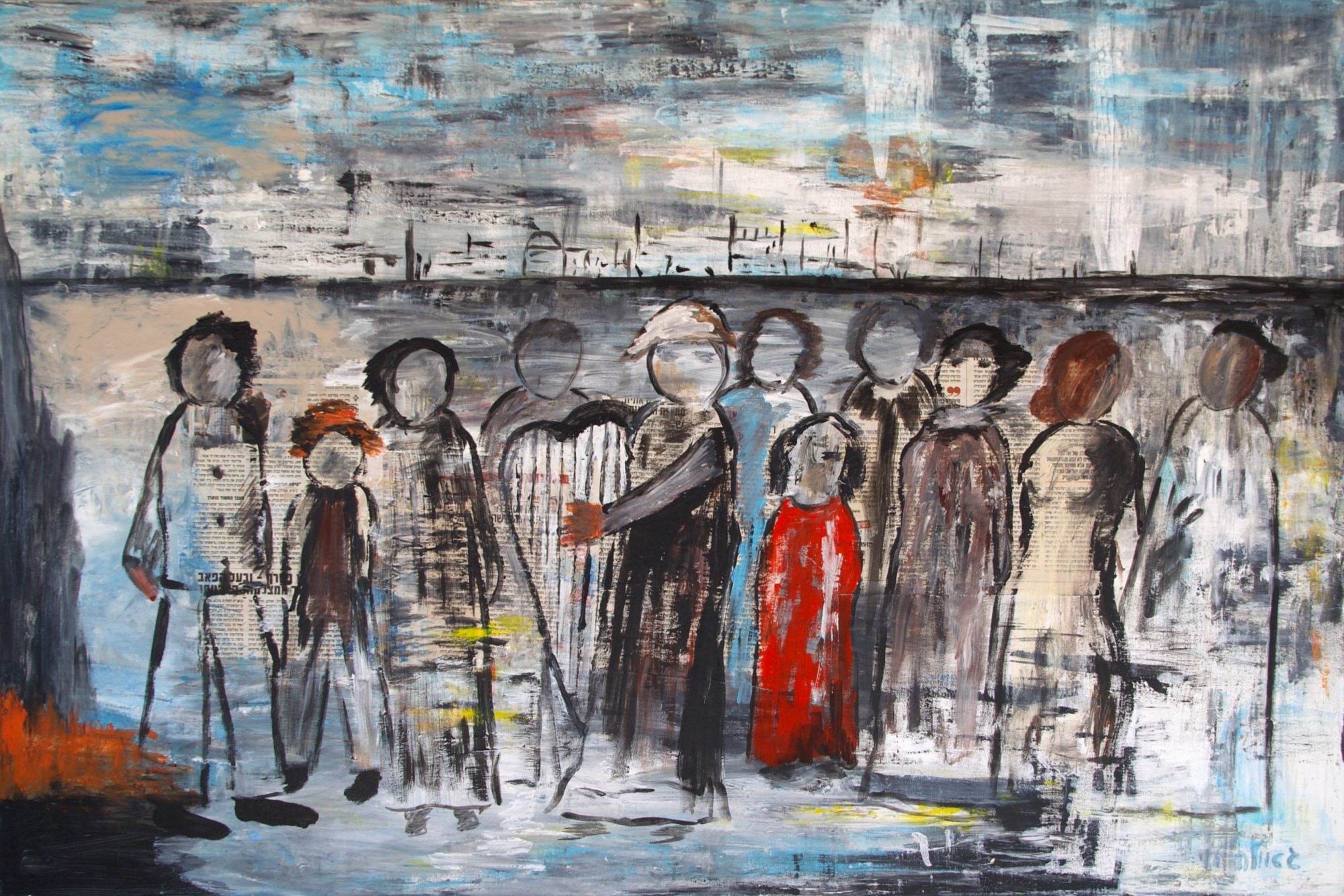 A row of faceless family figures loosely painted in grey, black and white, one in a red dress, beneath a pale, streaked sky.