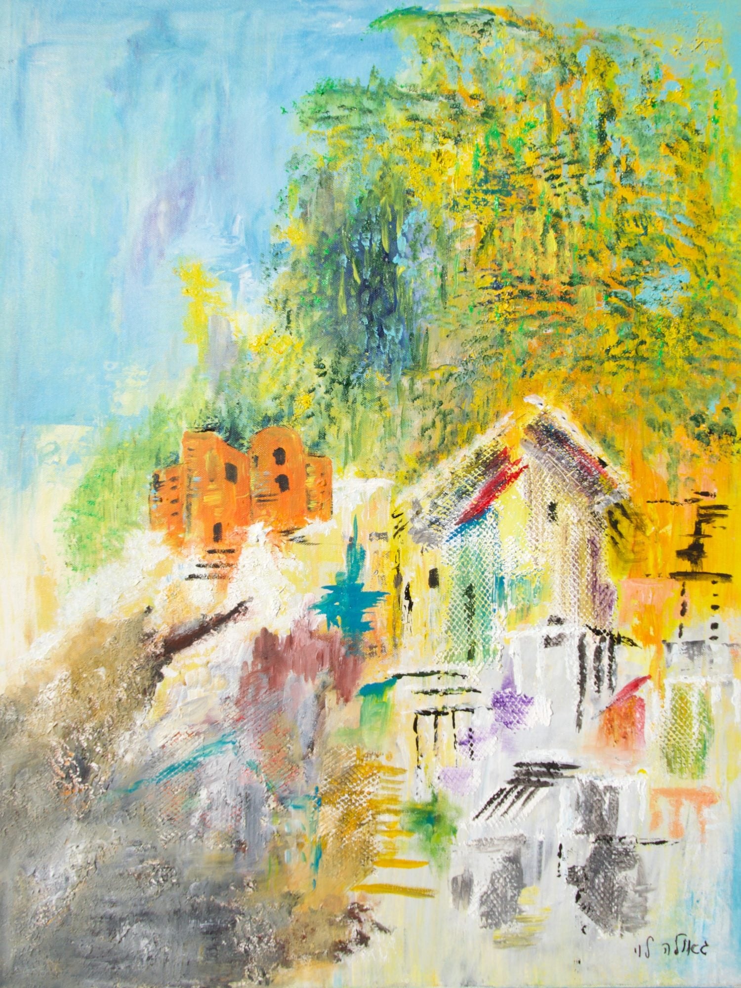 A sunlit village of orange and white houses beneath a large golden-green tree, painted in loose, bright strokes on pale blue.