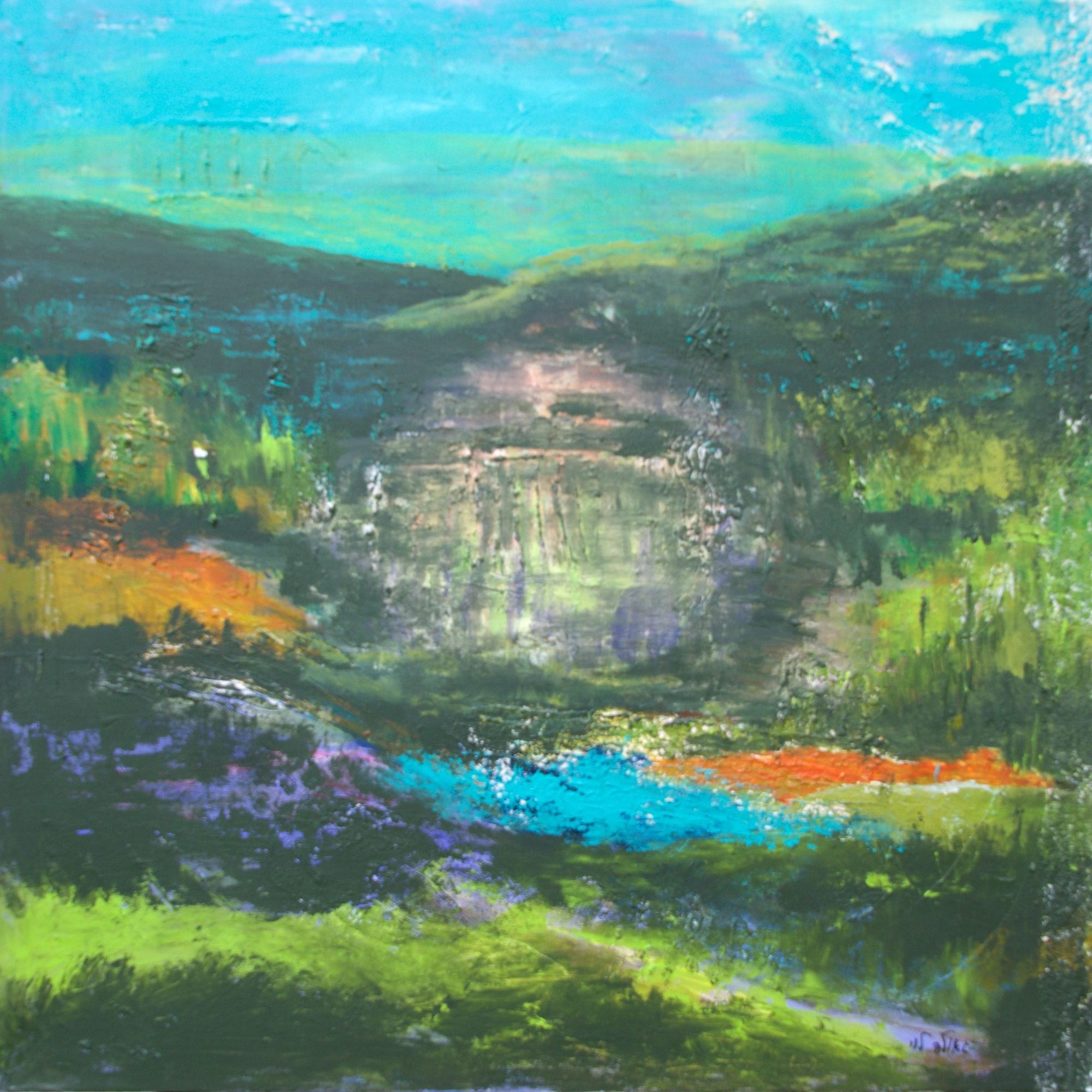 A deep green valley at dusk with a turquoise sky, a winding blue stream and touches of orange and purple wildflowers.
