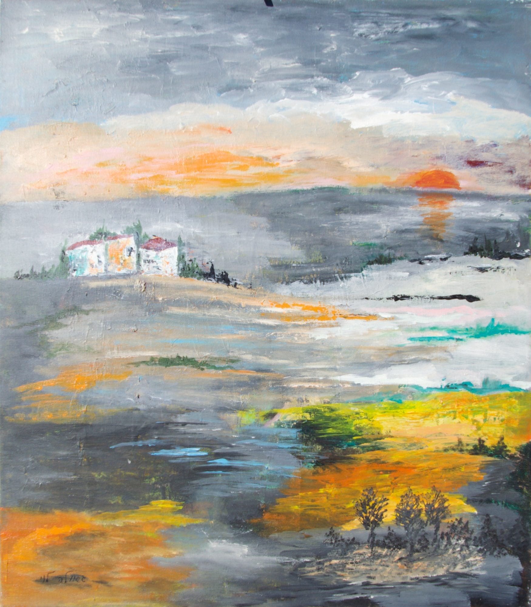 A misty grey landscape with a small white village on a hill, an orange sun setting over a pale sea and golden fields in the foreground.