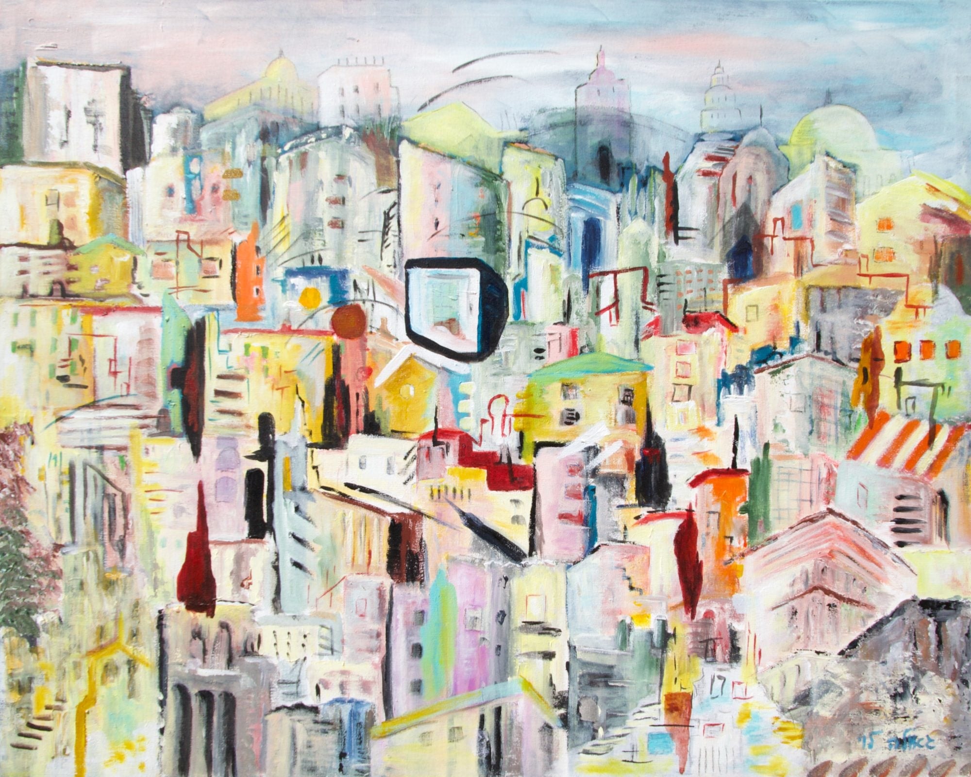 A pale, crowded city of pastel buildings, domes and towers, loosely drawn with dark lines, with a black-framed window shape near the centre.