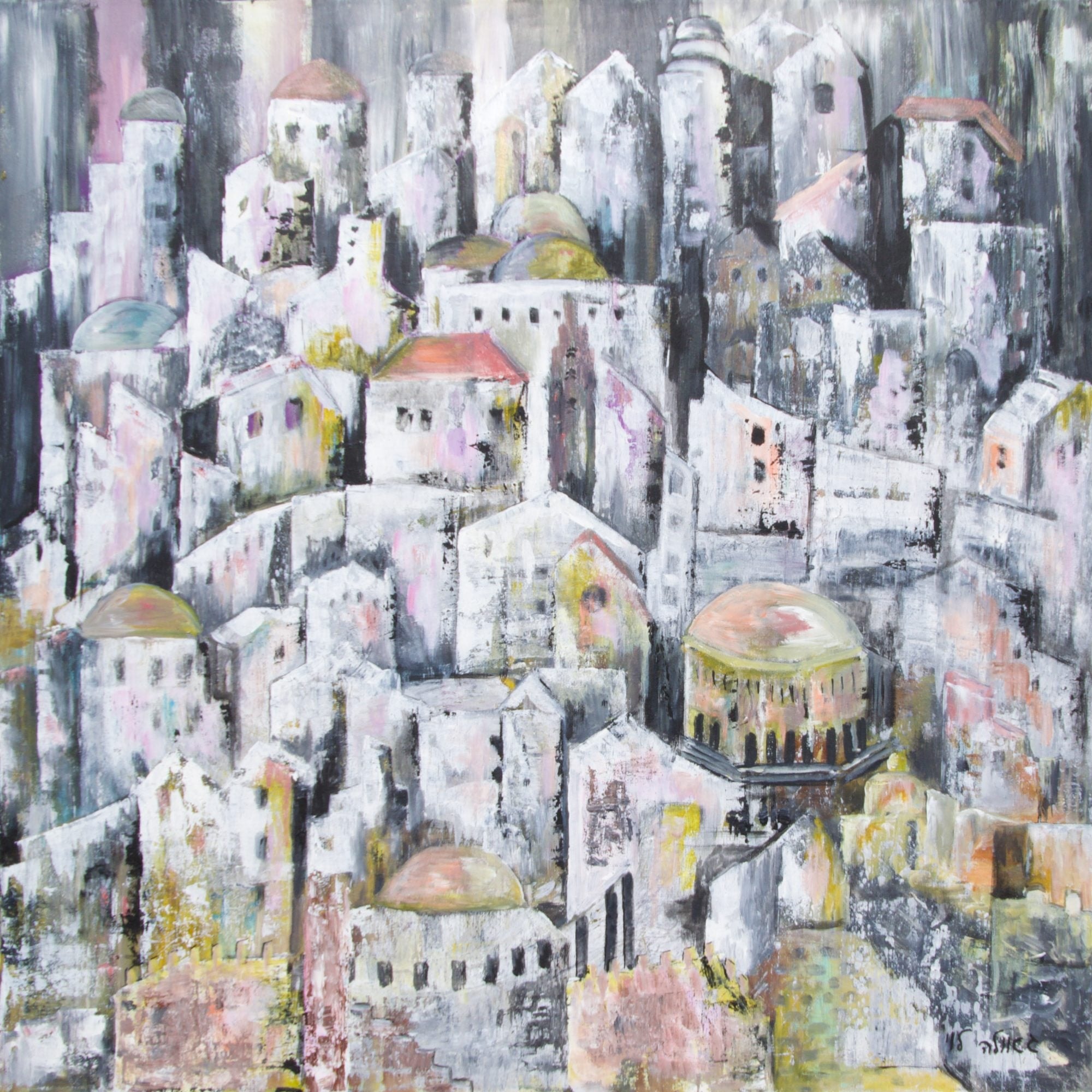An old hillside city of white and grey houses with pink and ochre domes, painted in rough, layered strokes.