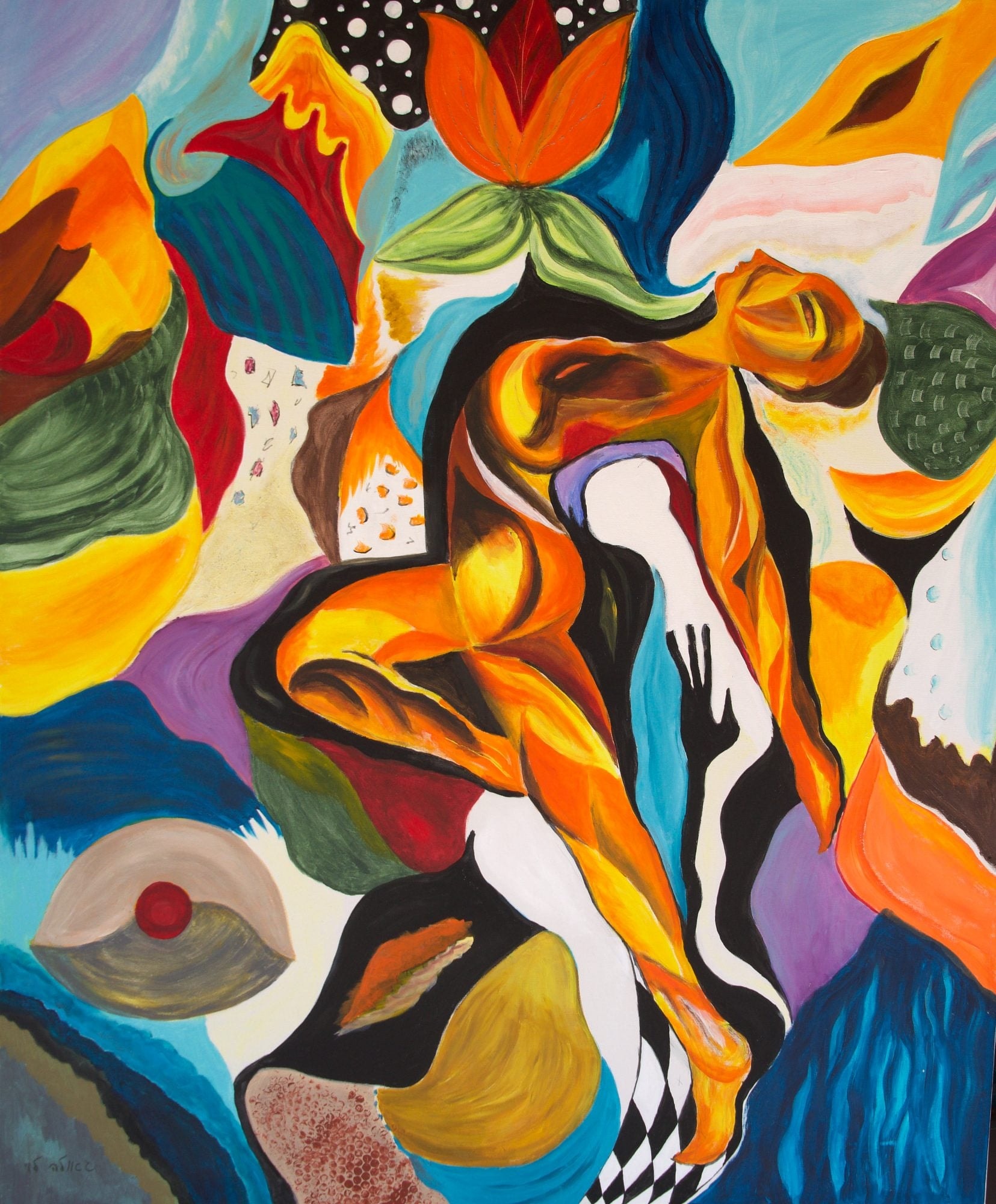 A dancing figure in golden orange, twisting among bold shapes of blue, green, red and purple, with a red flower above and an eye-like shape below.