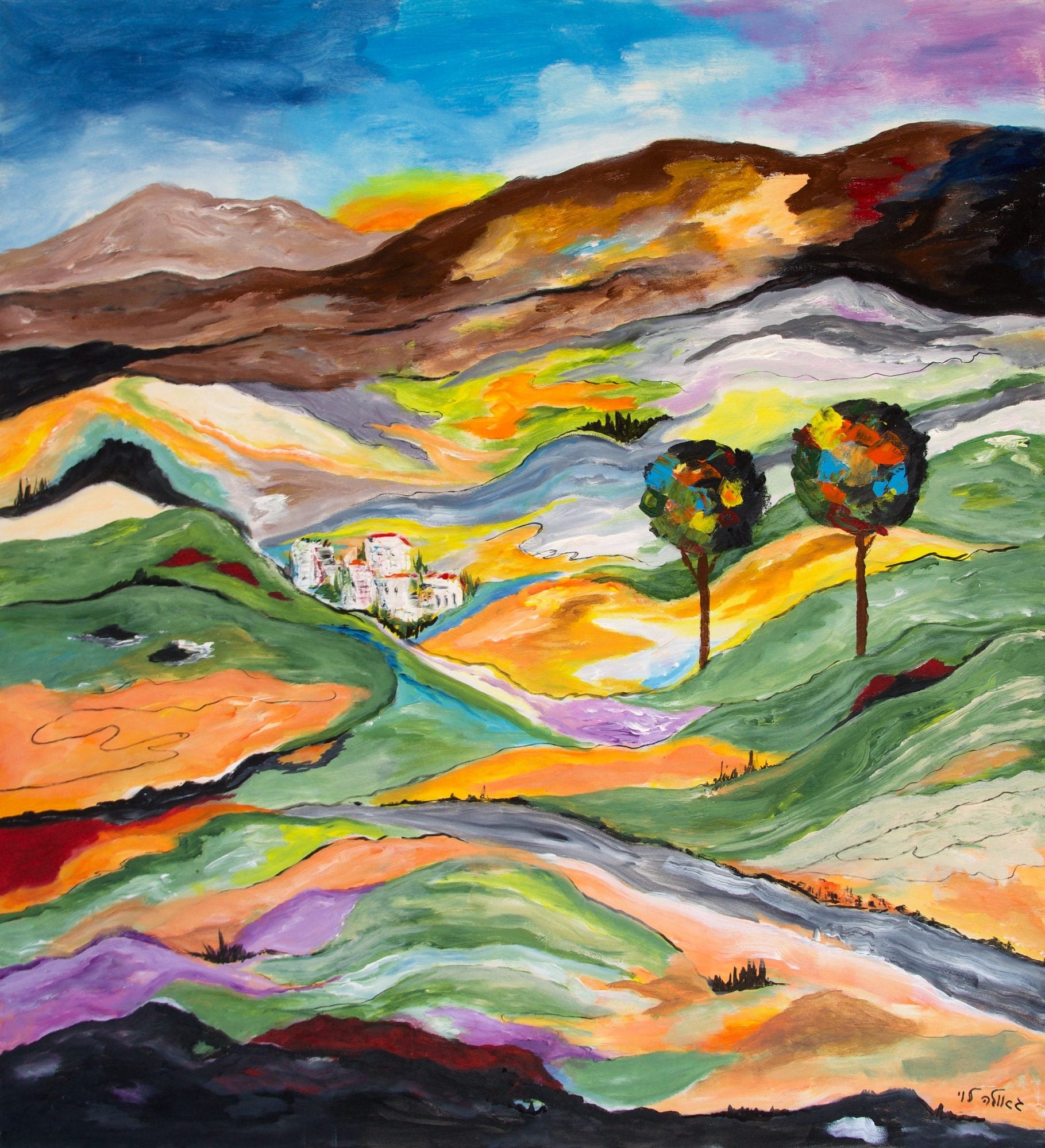 Rolling hills in green, ochre, purple and grey, crossed by winding paths, with two round trees and a small white village under a stormy blue sky.