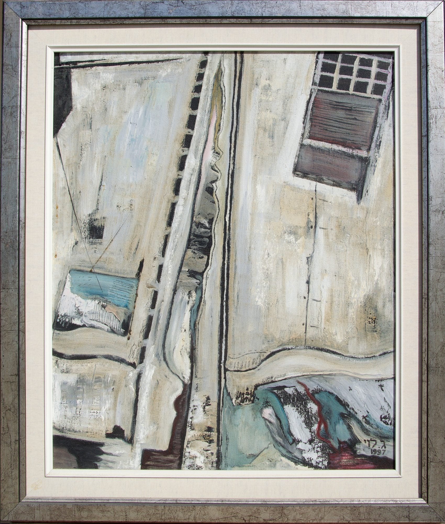 A steep alley seen from above in whites and greys: a railway-like stair cuts diagonally past pale walls toward a dark window, framed in silver with a white mat.