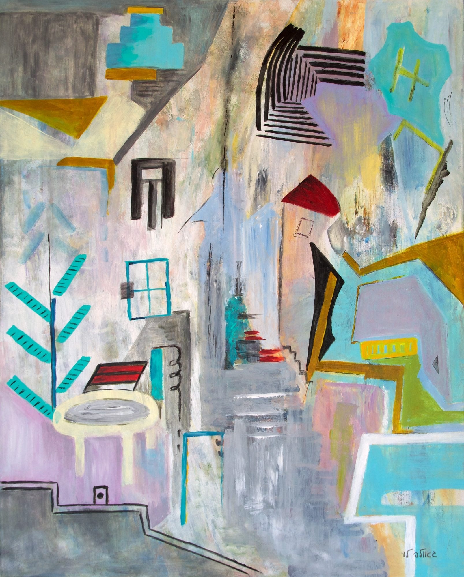 A pale room of lilac, grey and turquoise planes with black stripes, a red roof, a small window, a round table and a teal plant.