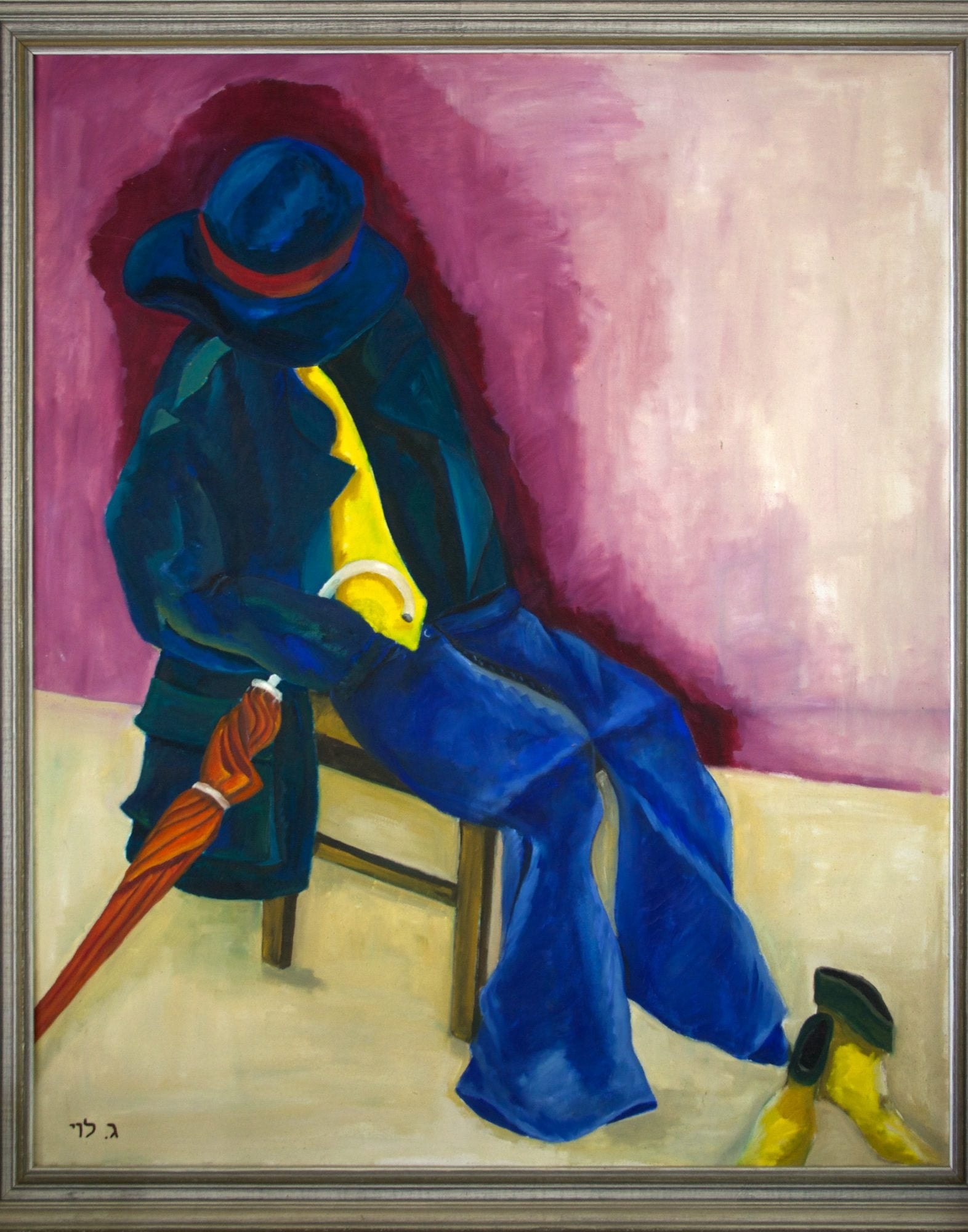 A weary man in a blue hat and suit dozes on a wooden chair with an umbrella, against a purple and cream wall, in a silver frame.