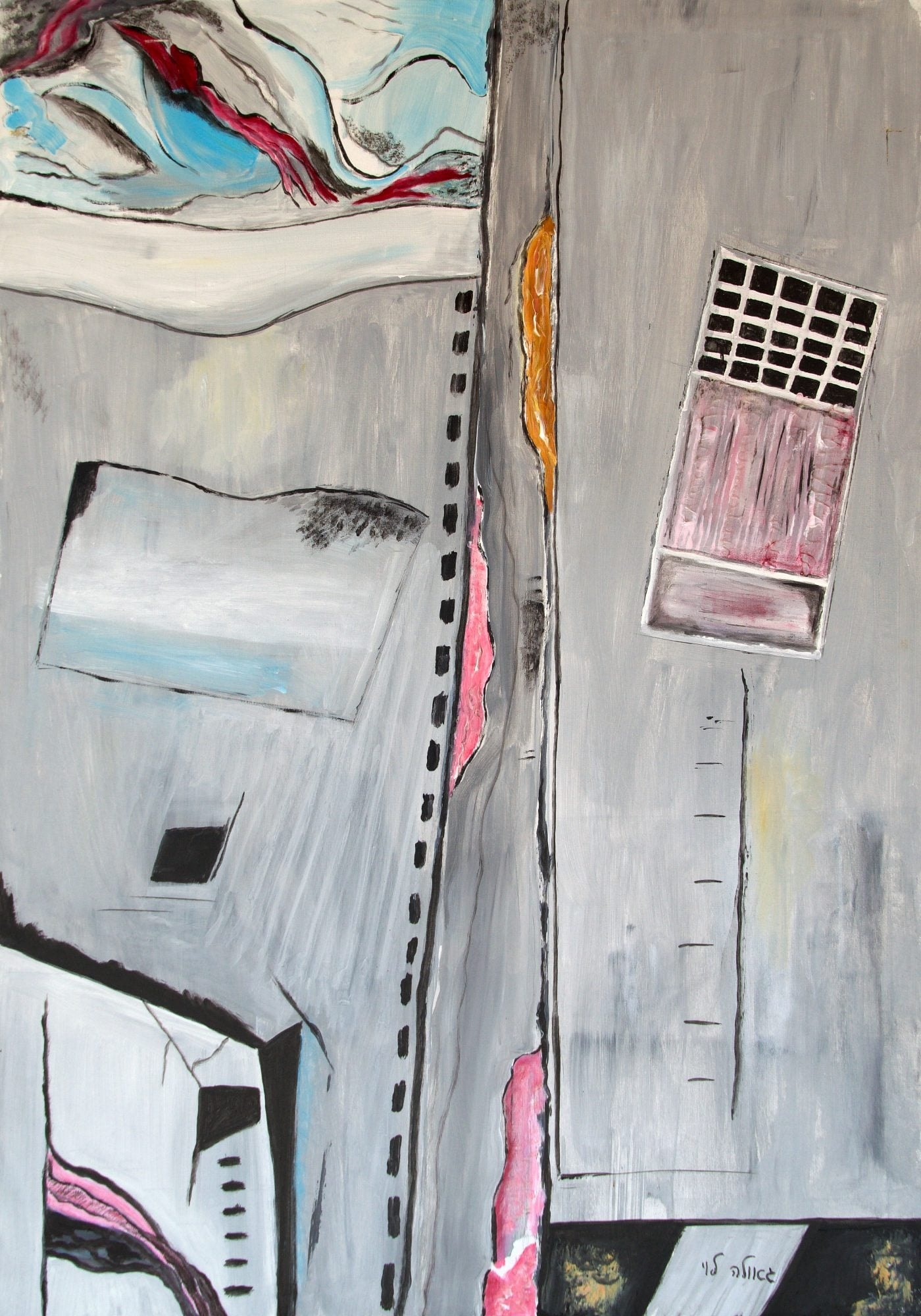 Grey walls and a narrow alley seen from above, with a dark gridded window, a pink-framed door and a staircase, in muted greys with touches of pink and ochre.