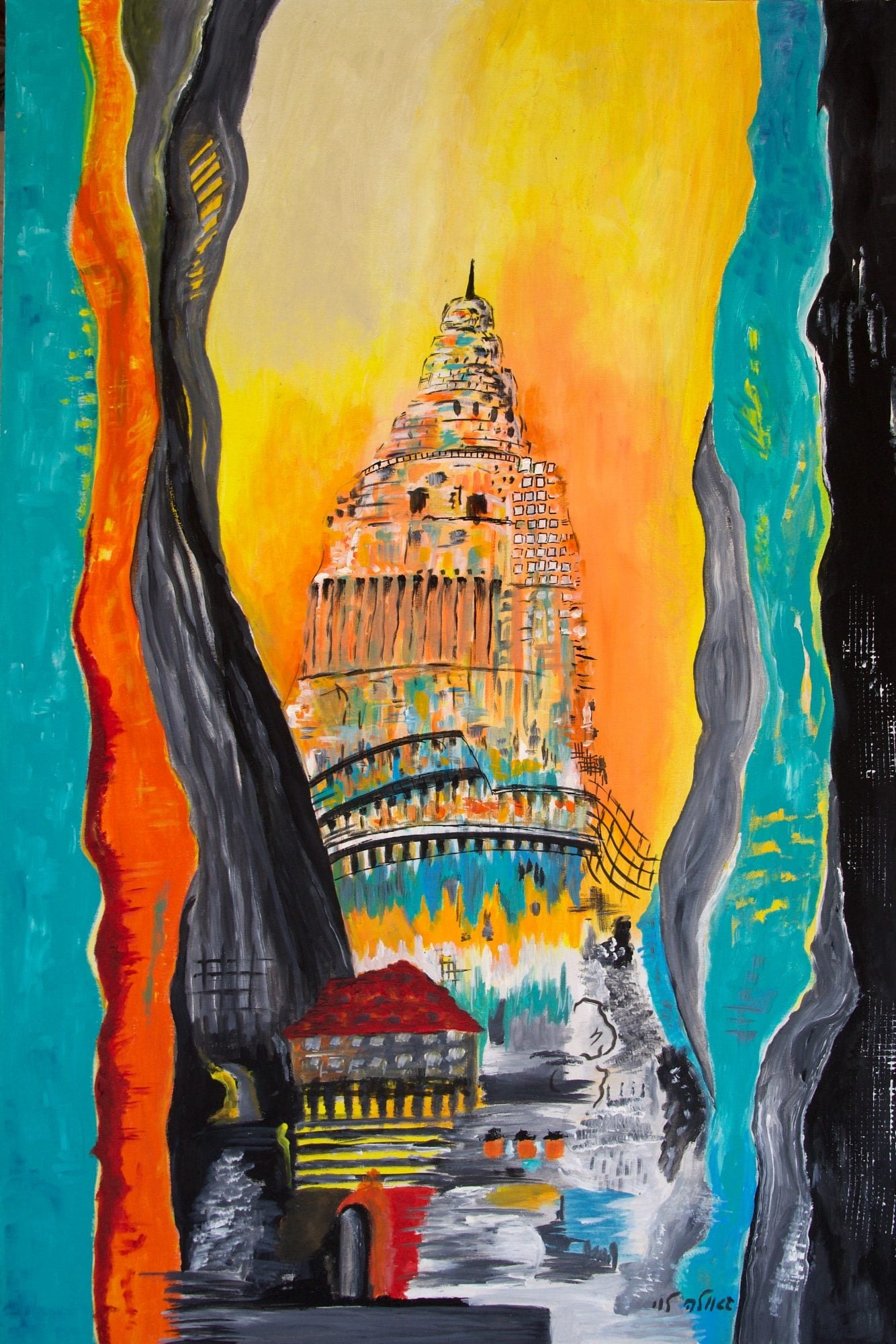 The Tower of Babel rises in tiers of tiny windows against a glowing yellow sky, framed by dark grey and turquoise rock walls, with a red-roofed house at its base.